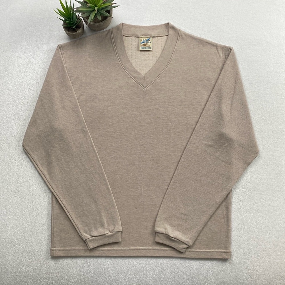 TravelSmith Vintage Polyester Wool Blend Knit V Neck LS Sweater Tee (Greige)